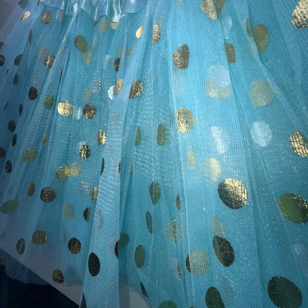 Girls Tutu Skirt Gold Polka Dots Elastic Waist Aqua Blue L 10/12
